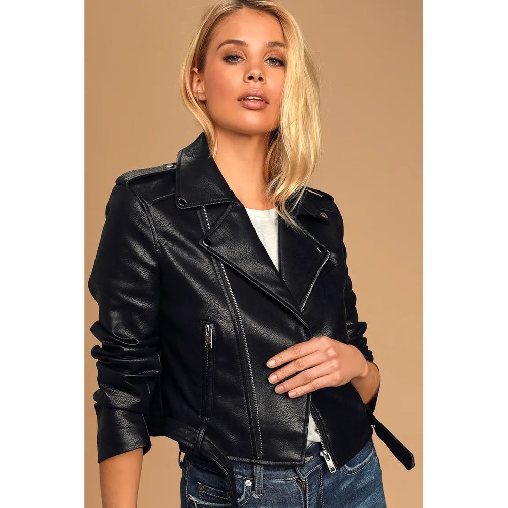 Lulus Off the Edge Black Vegan Leather Moto Jacket Cropped Biker Style XS